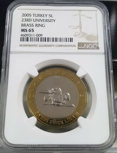 TURKEY 2005, 5 Lira, 23rd Universiade Bimetal, Bi-metallic Rare UNC NGC MS 65