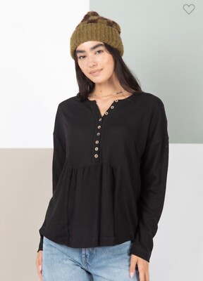 NWT Boutique Designer Casual Comfy Waffle Knit Black Top Shirt Buttons S M L