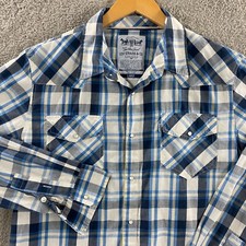 Levis Pearl Snap Western Shirt Mens Large Plaid Long Sleeve Button Up Blue White