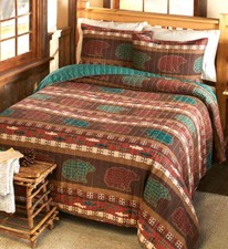 BEAR CANYON CREEK Full Queen QUILT SET: CABIN FISH LODGE BROWN RED PLAID BEDDING