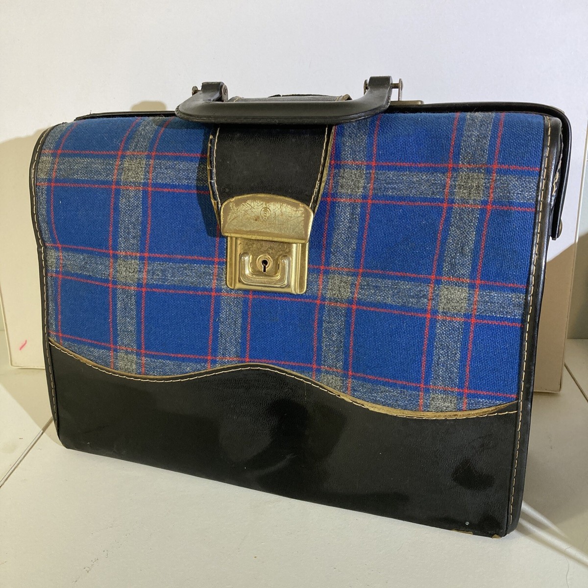 1950s Vintage Hinged Blue Red Gray Art Deco School Bag Retro
