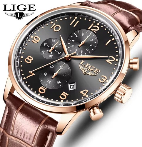 LIGE Orologio Uomo Multifunzione Cronografo Orologio da Polso Uomo Quarzo Pelle Orologi - Foto 14 di 22