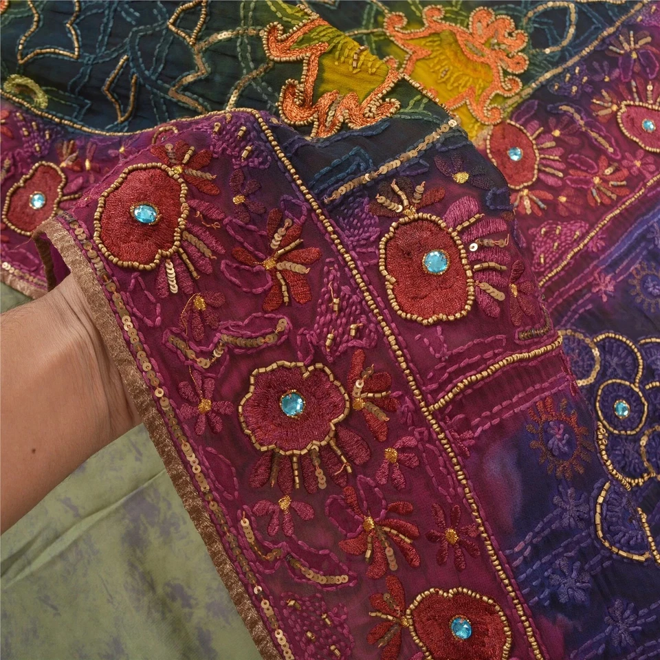 Sanskriti Vintage Indian Sarees 100% Pure Georgette Silk Hand Beaded Sari Fabric - Image 3 of 4