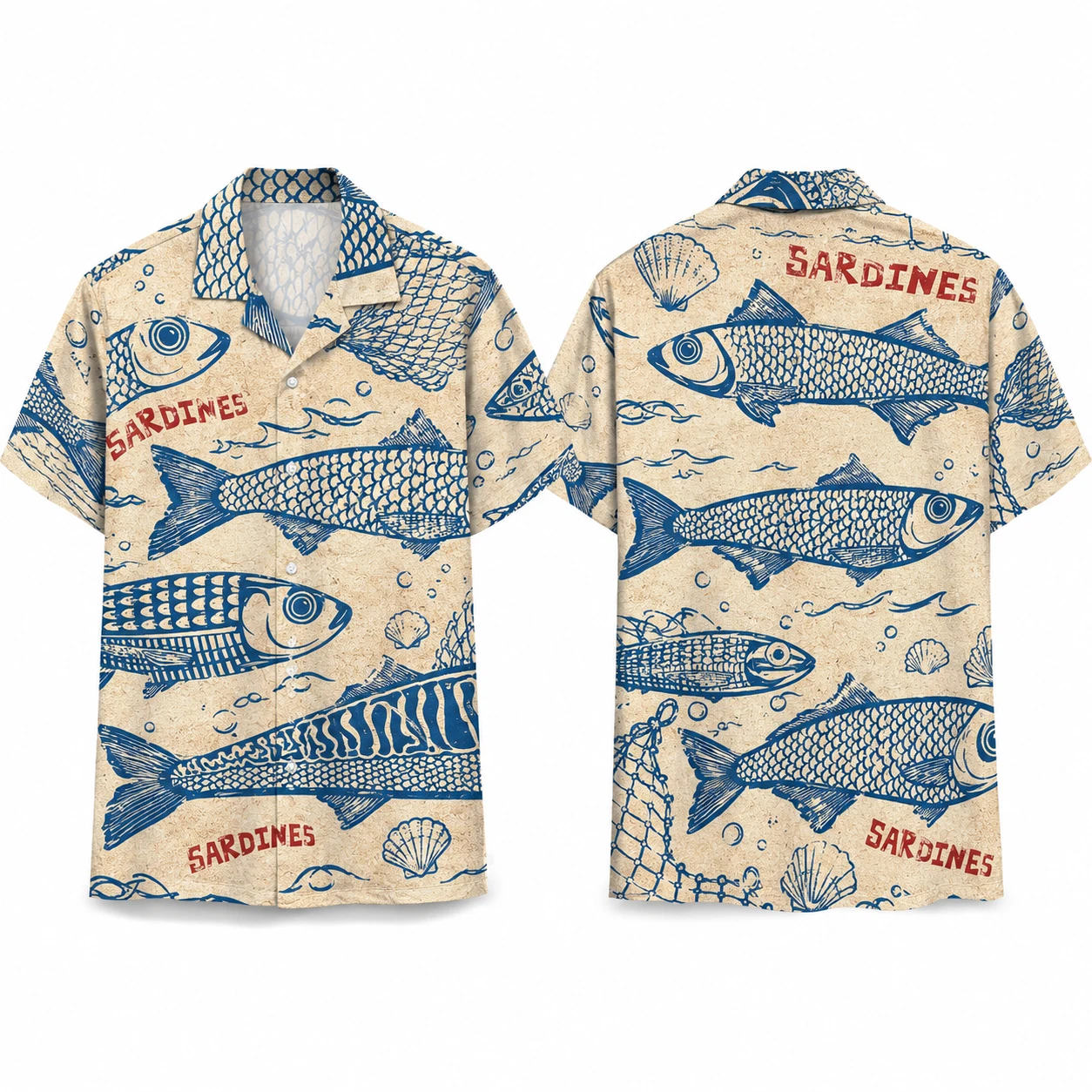 Retro Sardines Hawaiian Button Up Vintage Fish Print Aloha Casual Summer Apparel
