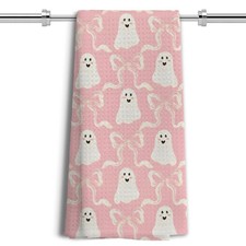 Pink Halloween Ghost Kitchen Towels, Coquette Pink Bow Ghost Dish Tea Towels ...