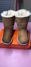 UGG Girls Brown Pink Bow Mid-Calf Suede Lined Winter Snow Boots