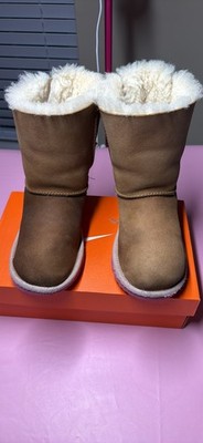 UGG Girls Brown Pink Bow Mid-Calf Suede Lined Winter Snow Boots