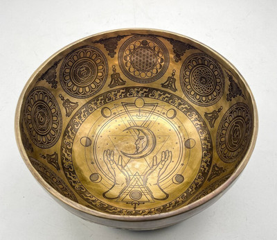 10'' Sun Moon Yogini, Flower of Life, Sri Yantra Etched Bowl-Deep Relaxing Sound