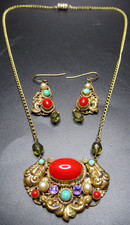 CZECH Colorful Glass Cabochon Rhinestone Faux Pearl Vintage Necklace Earring Set