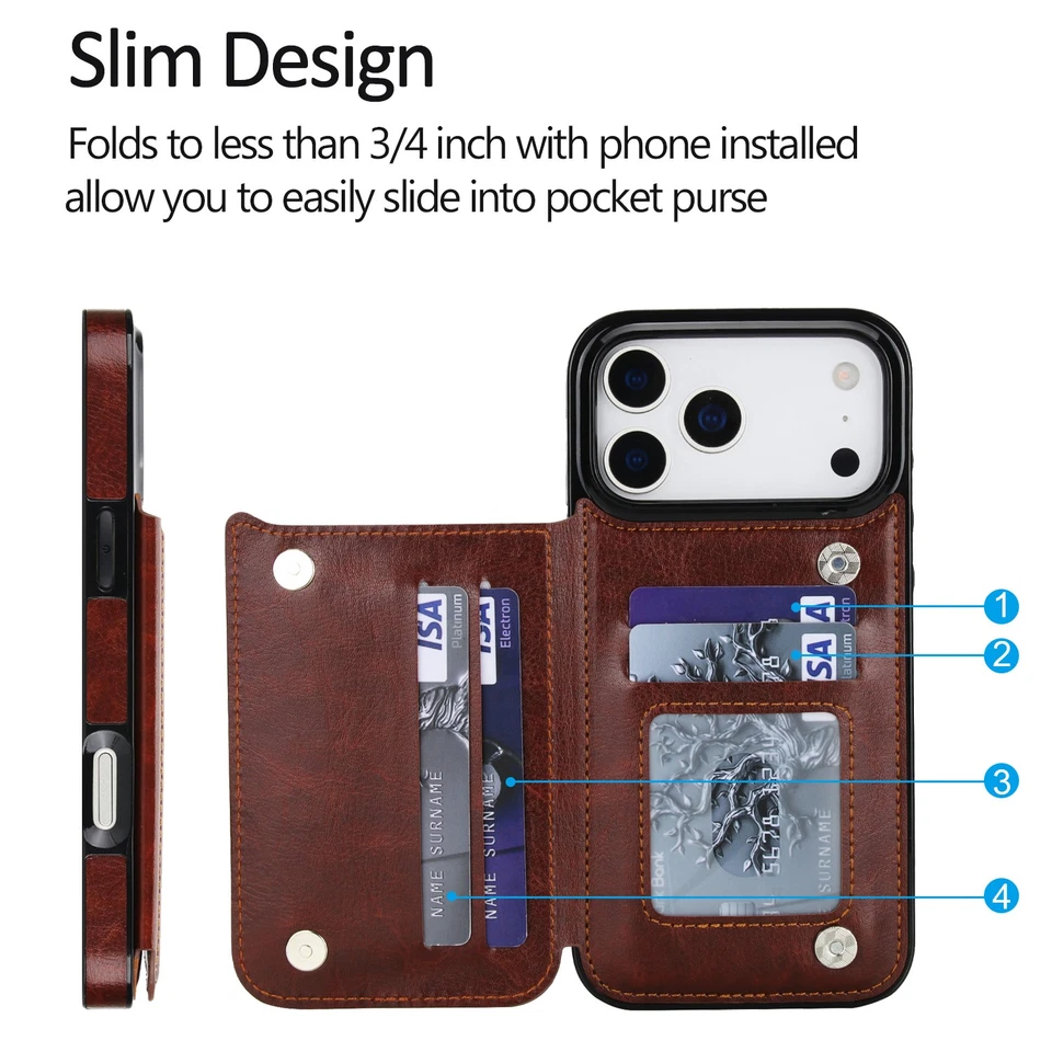 Flip PU Leather Wallet Card Holder Case For iPhone 17 16 15 14 13 Pro Max 12 11 - Image 3 of 4