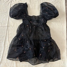 FOREVER 21 Black Floral Mesh Puff Sleeve Mini Dress Square Neck Size L