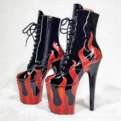 Flamingo 1020FLM Flame Black Patent Red Flames 8'' Heel  Platform Ankle Boots