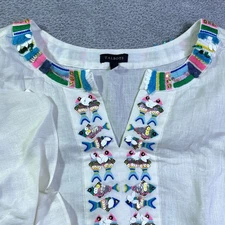 Talbots Womens White Linen Embroidered Fish V Neck Tunic Top Size L