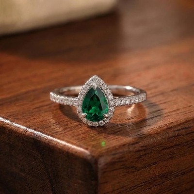 Pear Cut Lab Create Emerald 14k Gold Plated on 925 Sterling Silver Art Deco Ring