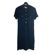 Tory Burch Emilyn Black Linen Blend Short Sleeve Midi Dress Medium