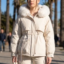 Damen Parka Gr. XS / S Beige Fellkapuze Übergangsjacke Wattiert Frühling Herbst