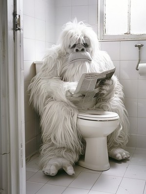 Lustige weiße Yeti Toilettenszene - lustige kryptid lesen Zeitung Poster Druck