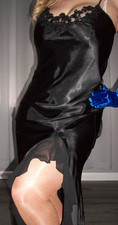 Vtg Black Shiny Long Chiffon Satin Nightgown S New