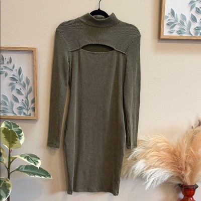 Olive Green Ribbed Cutout Dress