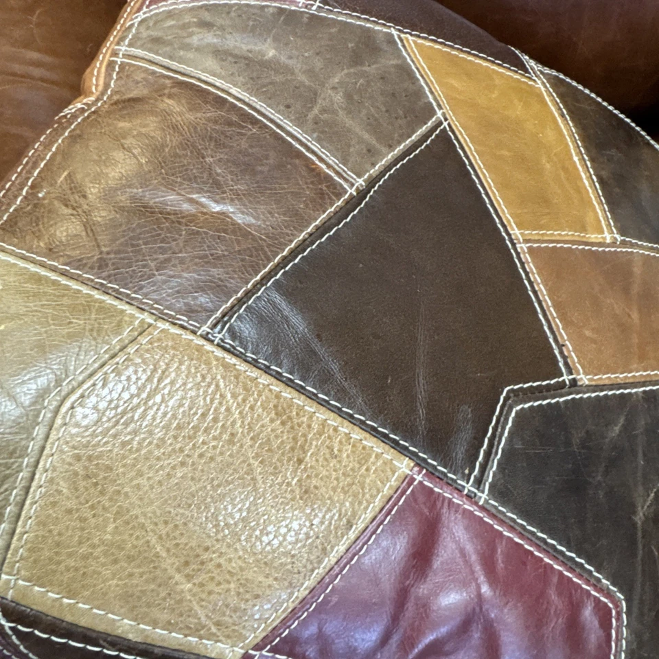 2-Vintage Leather Patchwork Throw Pillow Full Zip Retro 18"X18"  With Inserts - Image 3 of 4