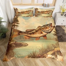 Bass Fish Duvet Cover Set Queen Size,Lake House Rustic Style Bedding Set Kid ...