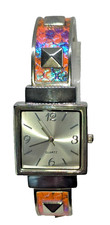 Women's Silver Toned Studded Multi-colored Cuff Band, Analog Watch