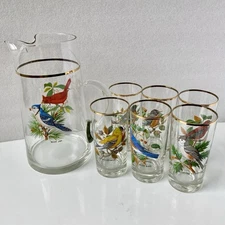 Federal Glass Co VTG West Virginia Glass American Songbird Cocktail Pitcher Set