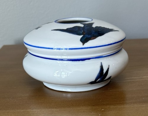 Vaso polvere uccellino blu Victoria Austria porcellana vanità antico scarso - Foto 2 di 8