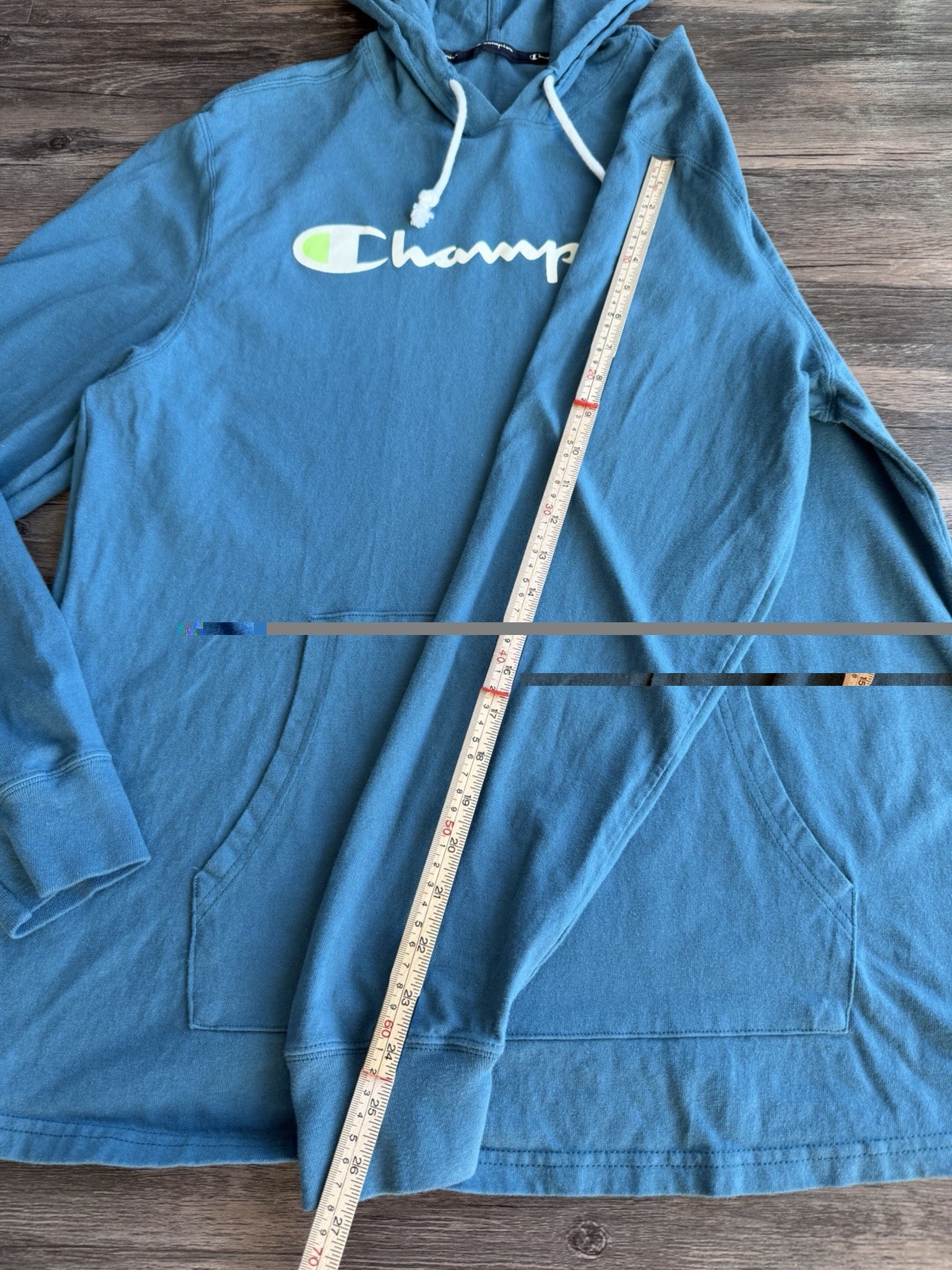 Champion Spellout Hoodie Mens L Teal Blue Lightweight Cotton Hooded T Shirt thumbnail 7