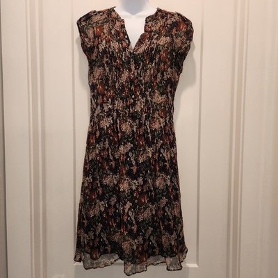 Massimo Dutti Silk Brown Black Floral Dress 10 Cottagecore Smocked Boho Romantic