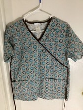 SB Scrubs Teal/Brown Patterned Mock Wrap Tie Back Scrub Top Size Small