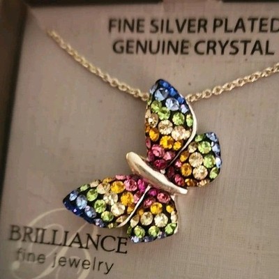 Brilliance Silver Plated Multicolor Crystal Butterfly Pendant Necklace