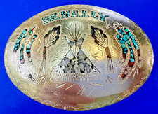 BENALLY Peyote Bird Turquoise and Coral Chip Inlay Native Indian Belt Buckle