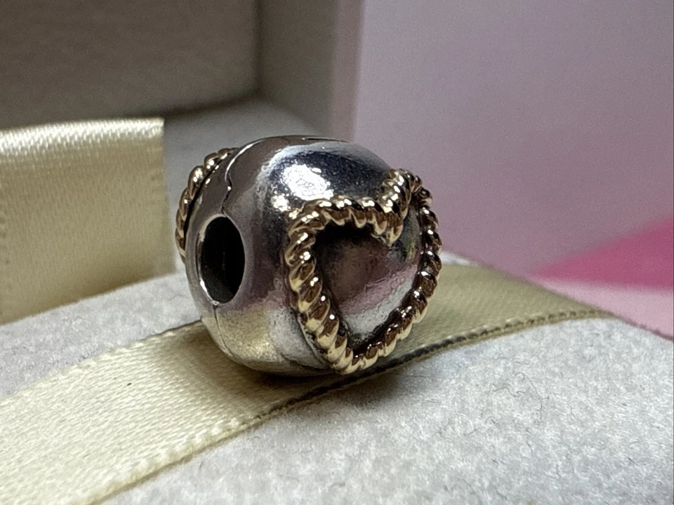 3B NWOT AUTH PANDORA SS/14K TWO TONE BRAIDED HEART CLIP #790599 RARE & RETIRED! - Image 2 of 4