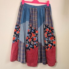 Vtg 90s Cottage Fairy Grannycore Real Patchwork Denim Floral Maxi Skirt Sz PL