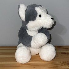 FAO Schwarz Husky Wolf 10" Plush Seated Gray White Clasping Hands Blue Eyes