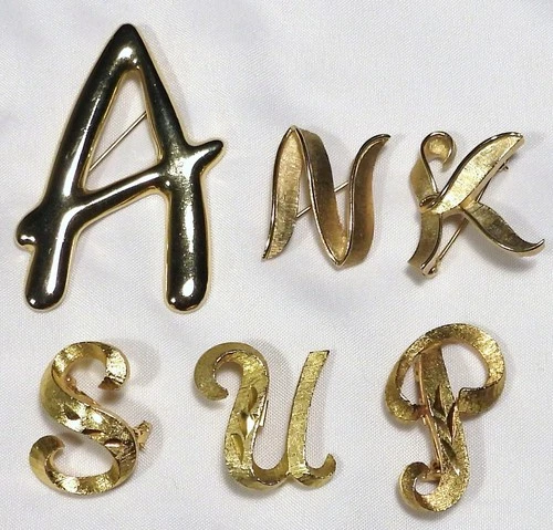 LOT Vtg Initial Monogram Gold Tone Brooch PINS Trifari Mamselle Costume Jewelry
