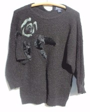 Vtg 1980's Retro Le Chois Black Knit Rose W/ Fur Sweater