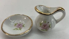 Vintage Doll House Ceramic Wash Basin and Pitcher Floral With Gold Accent