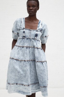 ULLA JOHNSON Acid Wash Denim Dress Blue Tiered Babydoll Puff Sleeve AU 10 US 6