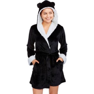 Hooded Robe Huggable Plush Sherpa Black and White Panda Juniors-Size Large