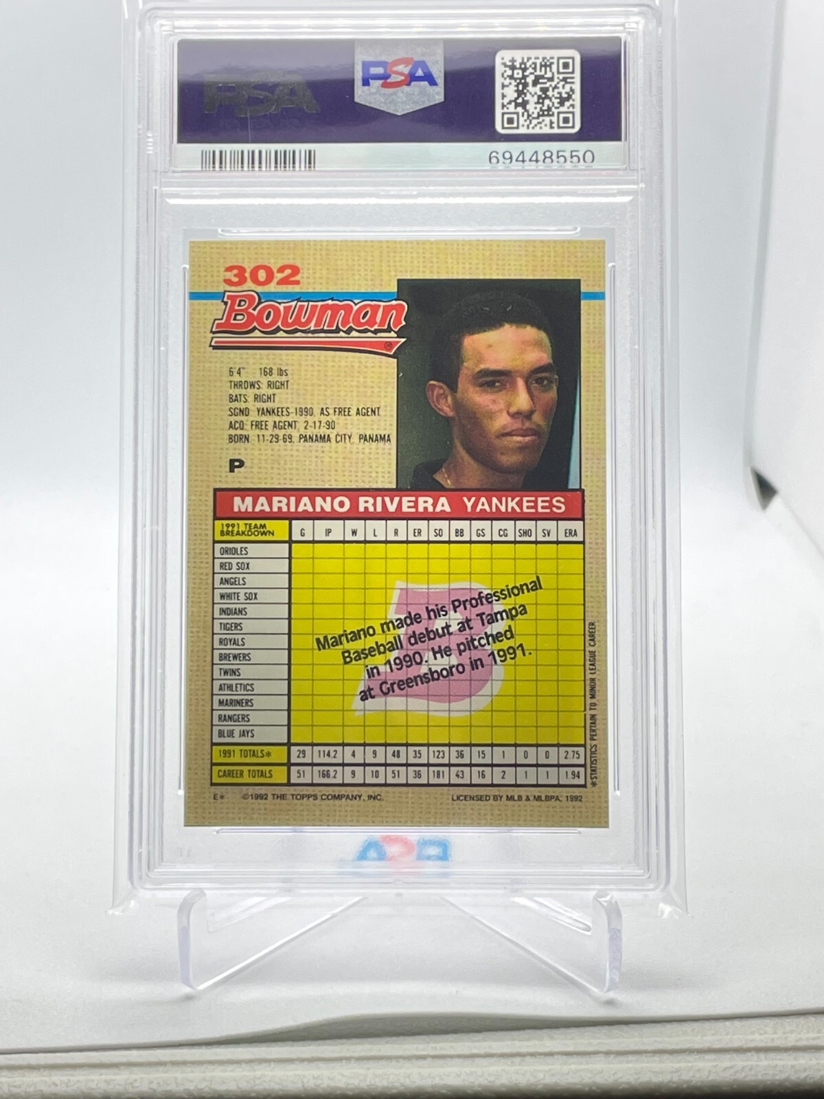 1989 Bowman Mariano Rivera PSA 8 #302 view 2