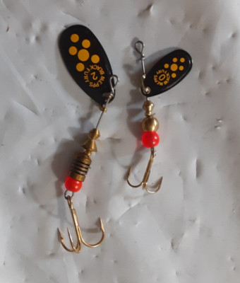 2 Mepps Spinners : #0 #2 - Black Fur Plain Gold Treble Hook Lures, made France