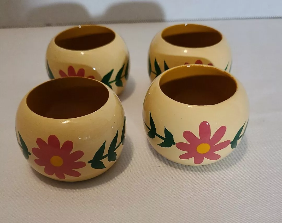 Pottery Barn Painted Flower Mango Wood Napkin Rings Set 4 NEW eBay