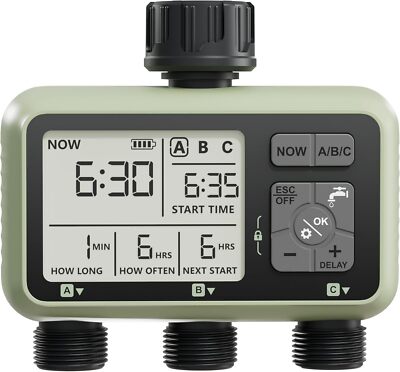 Sprinkler Timer 3 Outlet for Garden Hose Watering Rain Delay Manual / Auto Mode