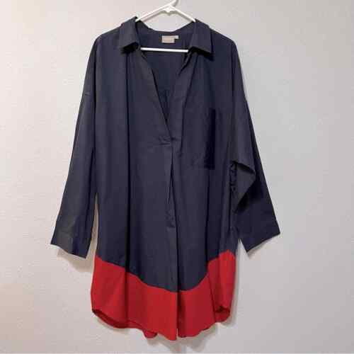 eShakti Navy Blue & Red Cotton Poplin Long Sleeve Tunic Shirt Dress 2X 22W - Foto 1 di 5