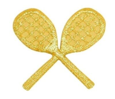 Crossed Tennis Rackets Gold  iron on patch   1-1/2'' x 1-3/8'' FREE SHIPPING