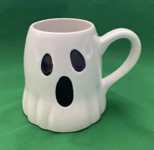 Crofton Ghost Shaped Mug 11oz Coffee Tea Stoneware White Black Happy Halloween!