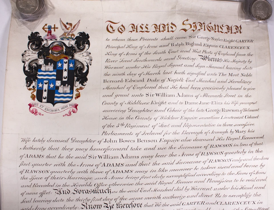 1825 Grant of Arms on Vellum – Sir William Adams – College of Arms Seals - Image 2 of 4