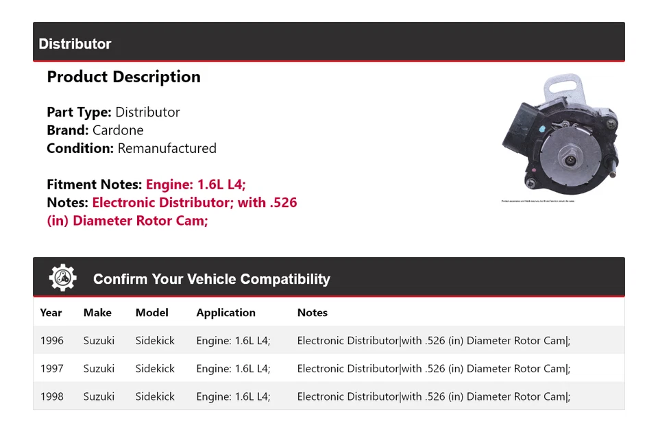Para Suzuki Sidekick 1996-1998 1,6 L L4 Distribuidor Cardone 1997 Foto 2 de 4